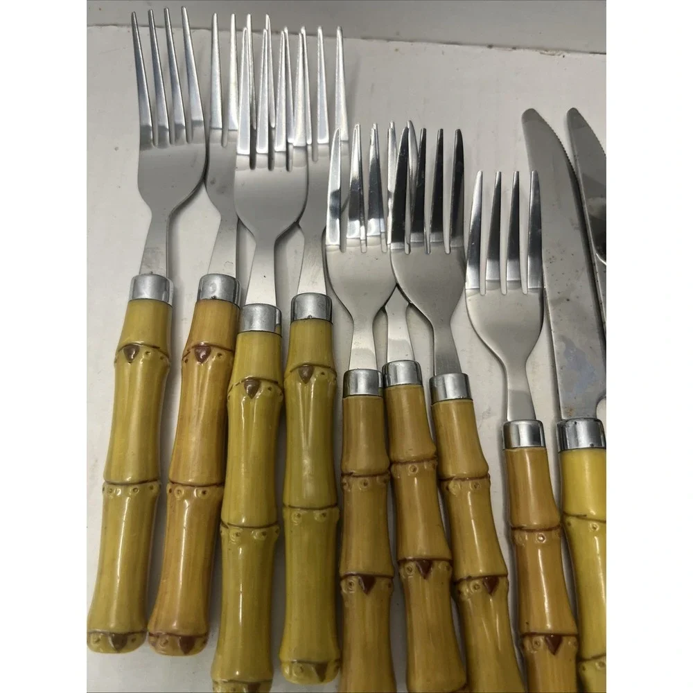 Vtg Faux Bamboo Plastic Handle Stainless Flatware 18 Pcs